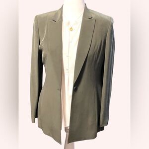 Jones New York vintage olive green notch lapel silk blazer suit jacket size 8